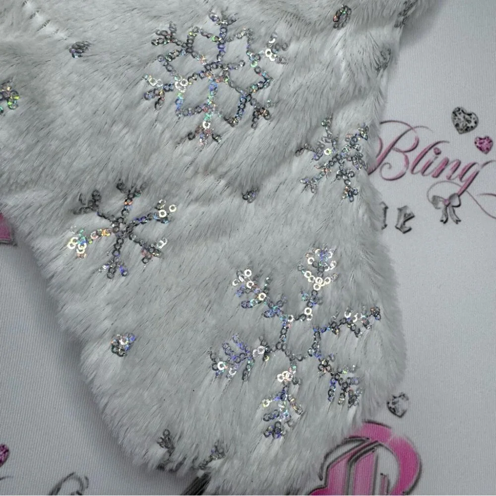 Stocking sparkly snow flakes holographic sequins furry white hanging Christmas